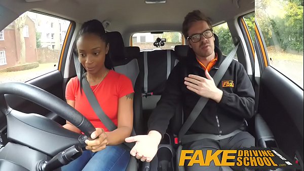 Fake Driving School ebony learner with big tits is worst driver yet
