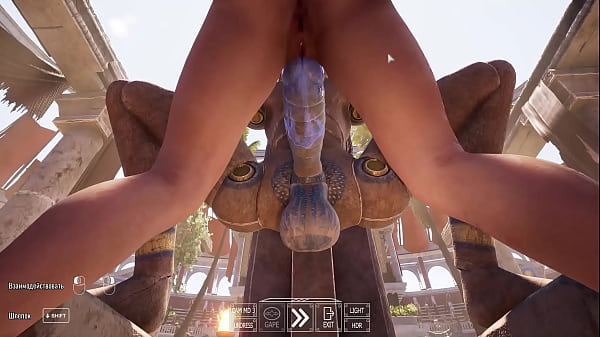 Lara fait plaisir au pénis d'une énorme statue dans l'arène 3D Hentai Game