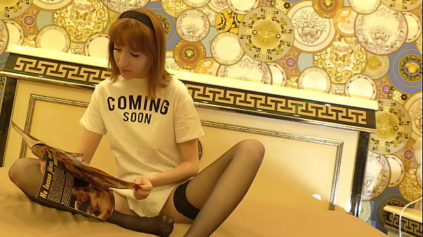 Hot Tight Pussy Skinny Redhead Braless and No Panties on The Bed gets Bored and Ignored in Black Stockings